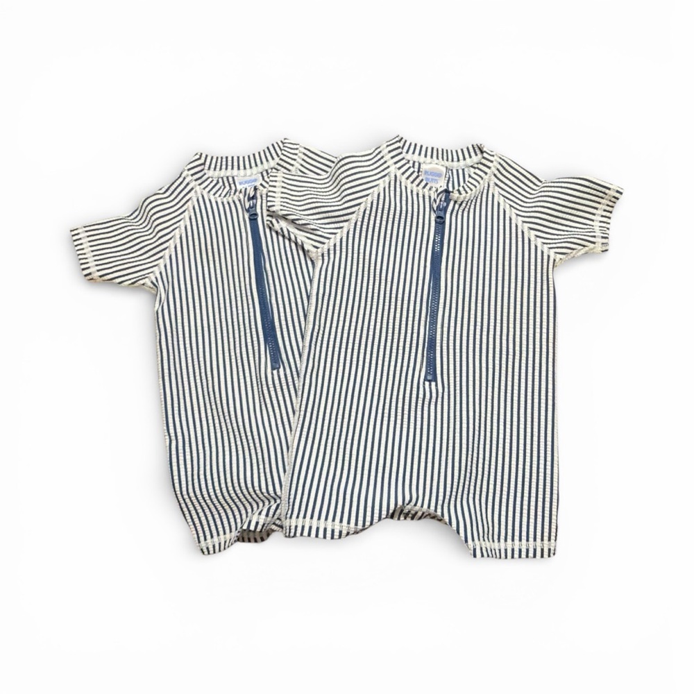 Rugged Butts Zip Front Seersucker Blue & White Striped Kids Swim Romper. 6-12mo.